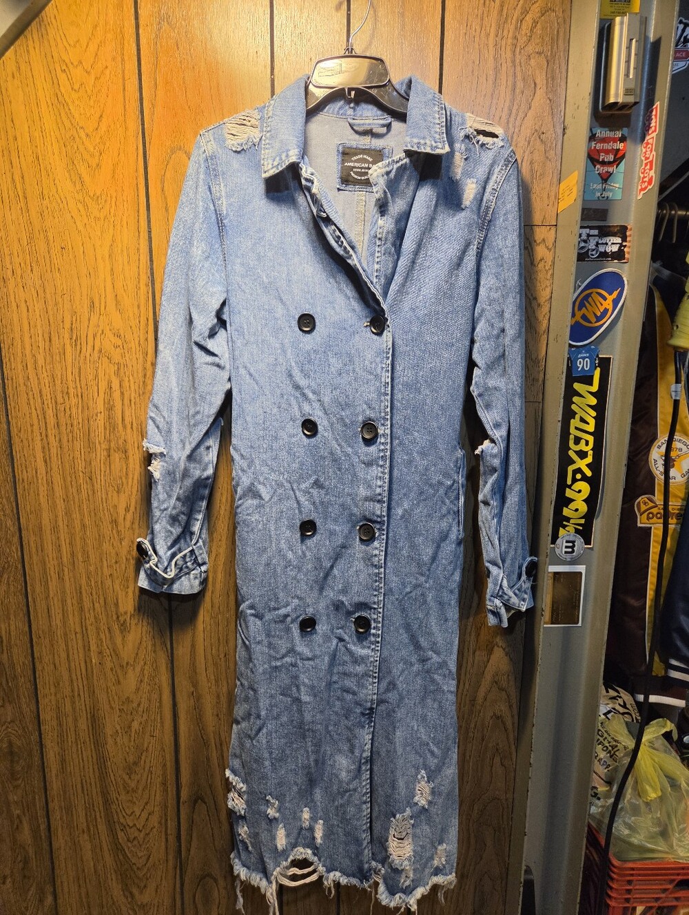 American Bazi Distressed Light Blue Denim Double-Breasted Trench Coat Size Small